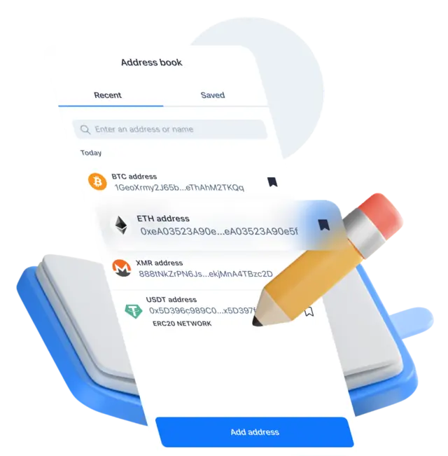 SimpleSwap mobile app address book screen showing saved and recent wallet addresses